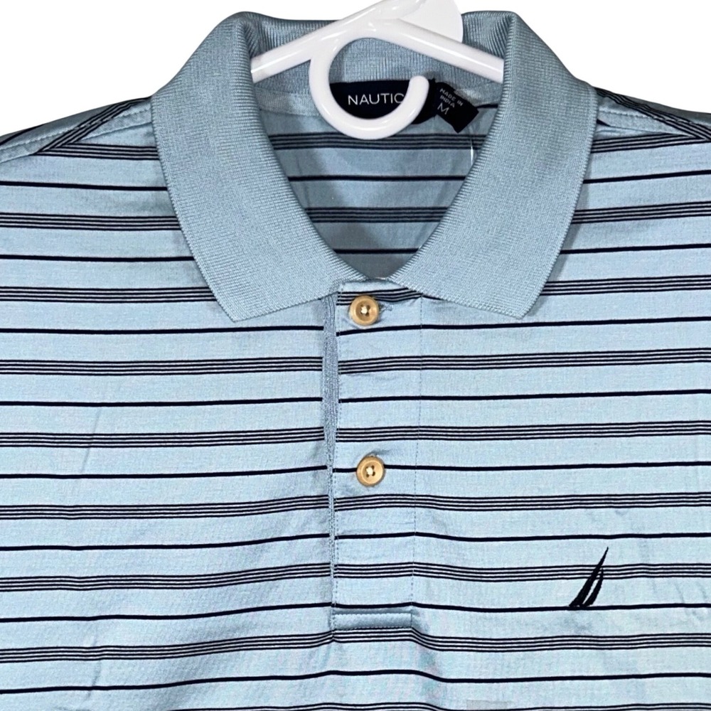 Nautica Mens Short Sleeve Striped Polo Shirt Light Blue Navy Size M NEW